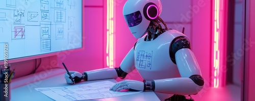 White humanoid robot sketches architectural plans at a desk under neon pink light, monitor displaying digital designs. A futuristic scene of AI at work, blending creativity and