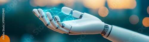 White robotic hand cradling a luminous blue digital network, symbolizing AI's grasp on data, future connectivity and advanced technology in a blurred setting. ,Future,AI
