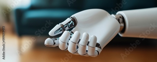 White robotic hand with glowing data circuits, open palm in blurred modern home. AI, future tech, automation, human-robot interaction concept. Humanoid, Digital Future