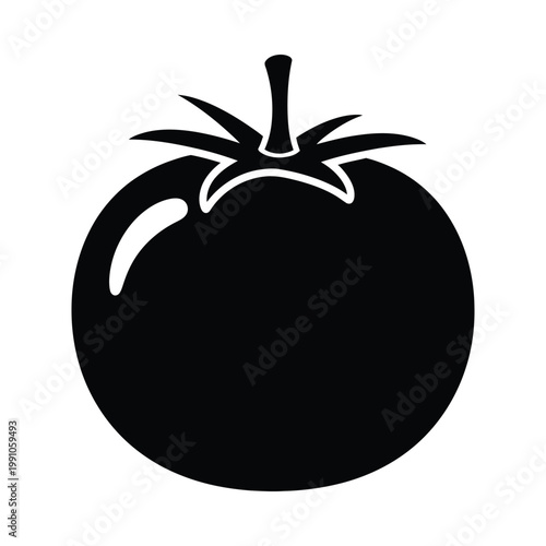 Simple black silhouette icon of single ripe tomato with stem for food industry and culinary design projects