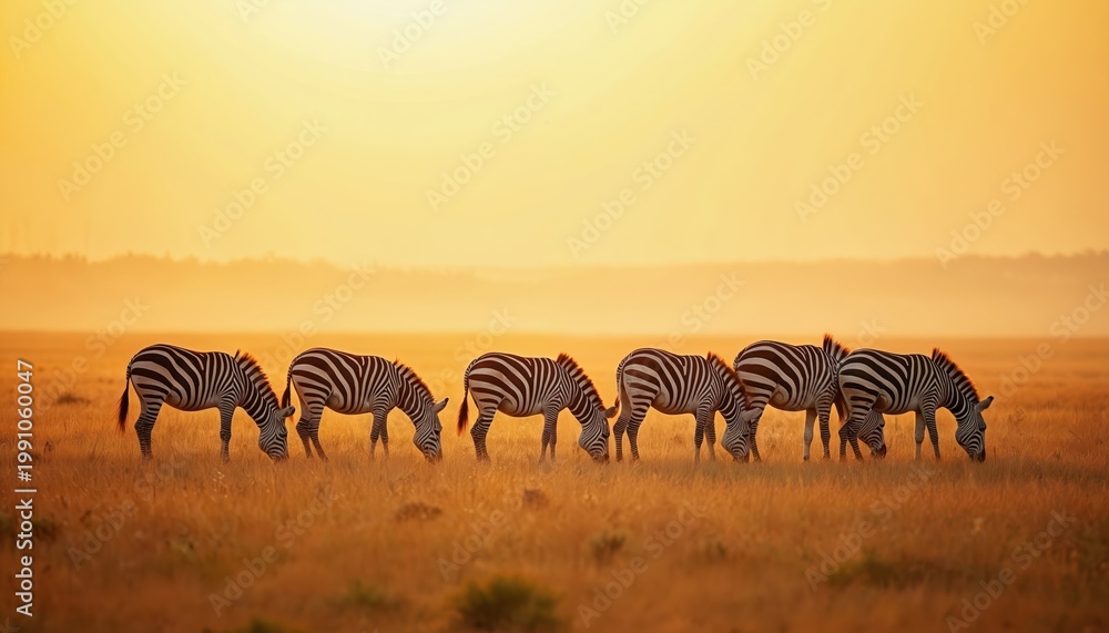 Obraz premium A herd of zebras graze in dry grassland under a warm hazy sunrise sky. The animals stand in a line eating grass in an open savanna landscape. Africa wildlife scene with sun light.