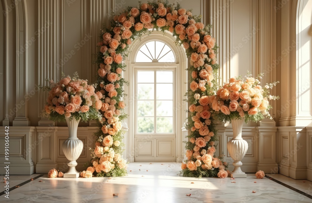 Obraz premium Elegant floral archway with peach roses decorates classical interior. Large vases hold rose bouquets. Sunlight streams through arched window casting soft shadows on marble floor.