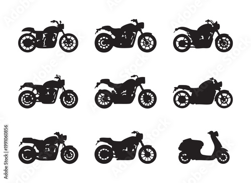 Black motorcycle silhouettes set with various modern cafe racer and classic bike profiles on white.