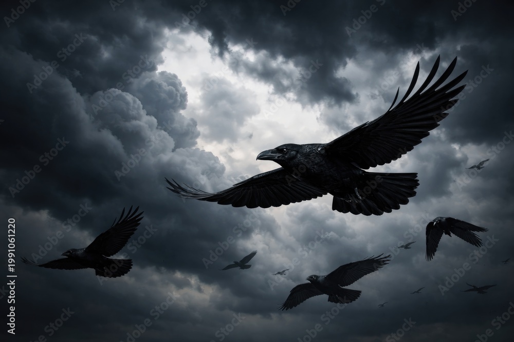 Naklejka premium Dark storm clouds backdrop with a group of black ravens in flight