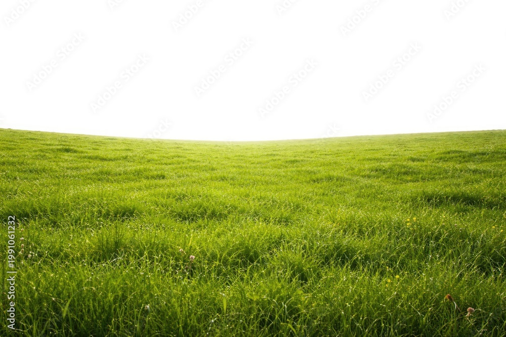 Fototapeta premium Single expansive green meadow against a bright white canvas