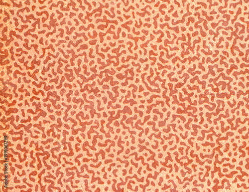 Brown, aged surface with chaotic, abstract pattern. A light-brown background with swirls and squiggles in a curved shape, reminiscent of microbes. Faded, patterned texture on heavyweight brown paper