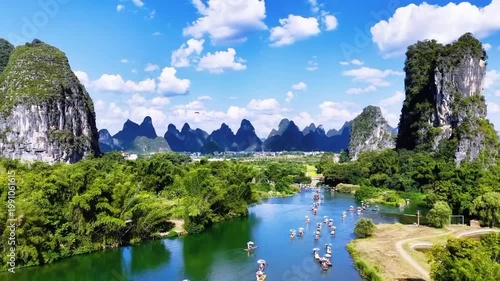 Yangshuo Li River Landscape with Karst Mountains and Bamboo Rafts