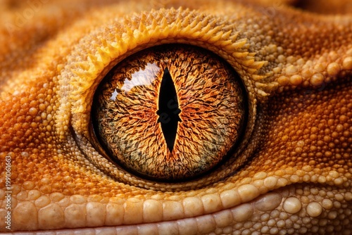 Vibrant alert eye of crested gecko with intricate iris design and reptile scale details