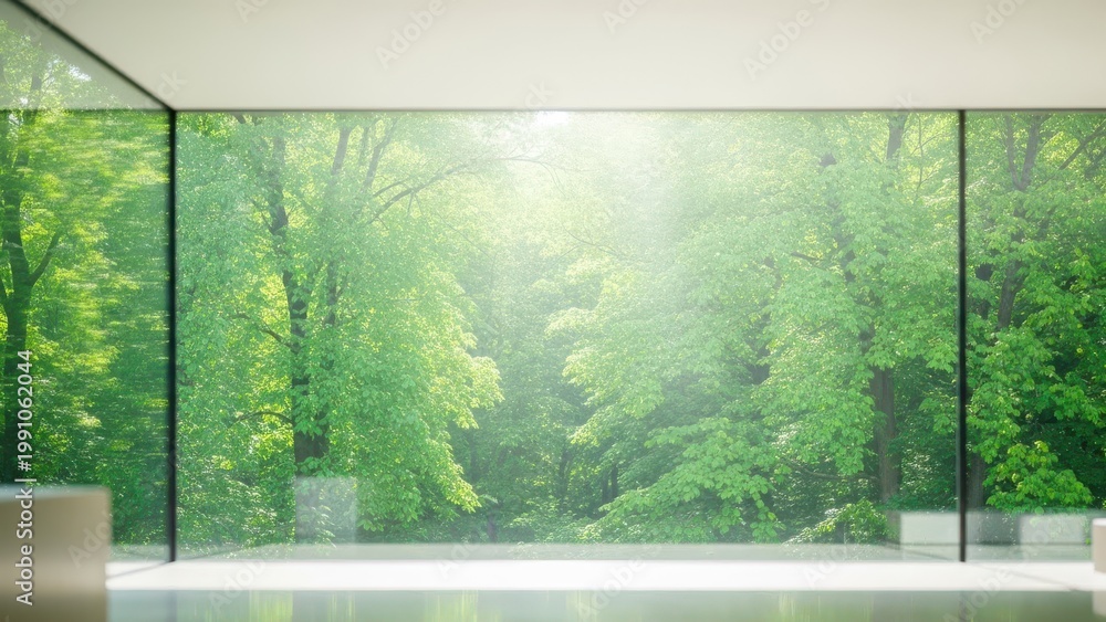 Obraz premium Modern room with large window overlooking lush green forest