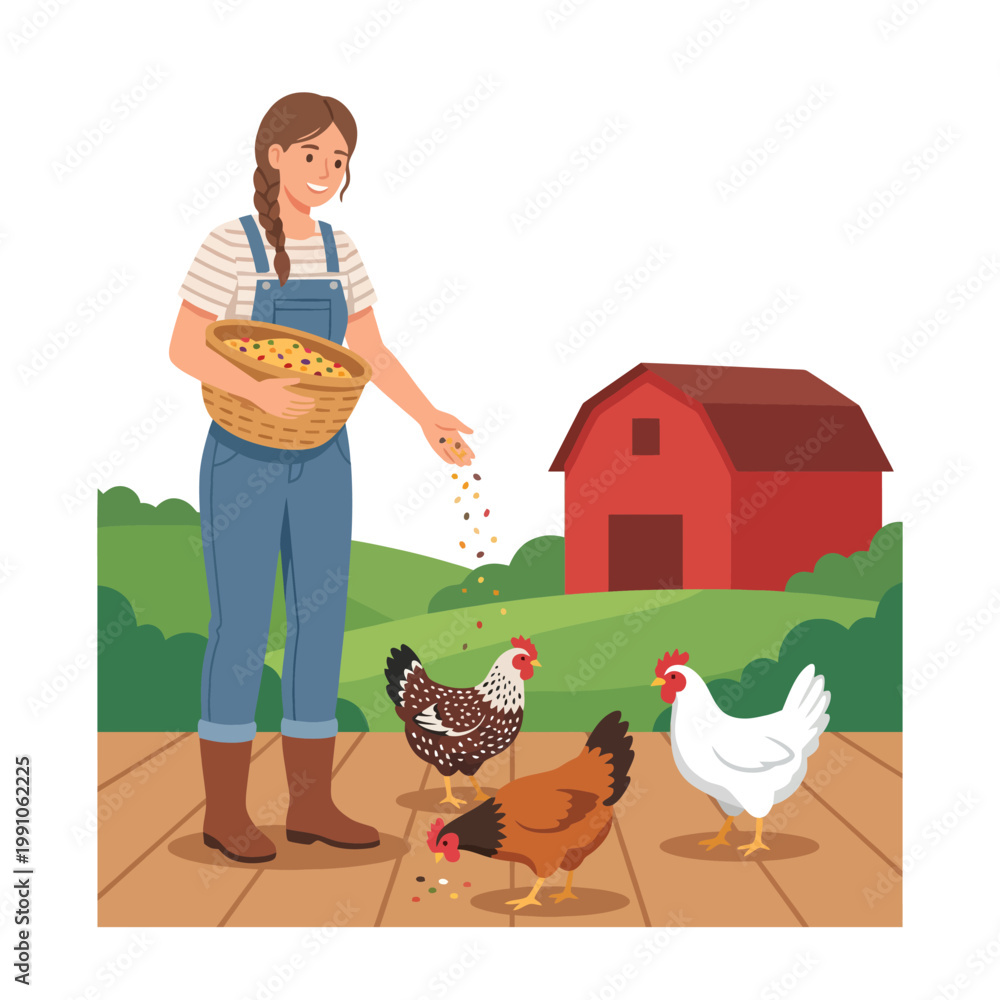 Fototapeta premium A charming depiction of a farmer feeding chickens, highlighting rural life, connecting with nature, and the joys of farming in a colorful and inviting design style.