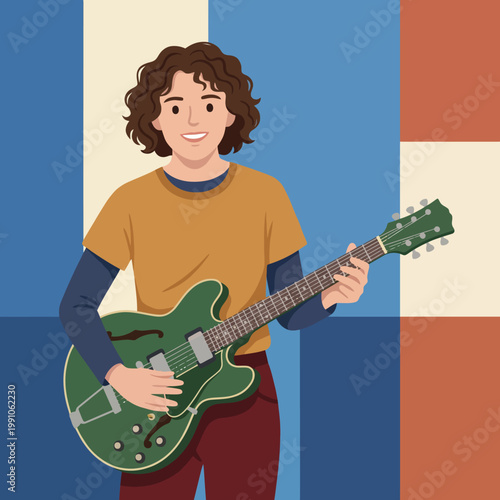 A young musician strums a green guitar while smiling, capturing the essence of joy in music amidst a playful backdrop of abstract colors and shapes.