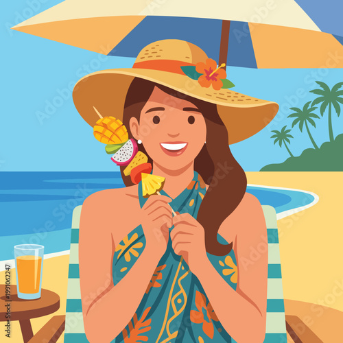 A woman enjoying a sunny day at the beach, sipping a drink and holding a skewer of tropical fruit, capturing the essence of relaxation and leisure on a beautiful coastline.