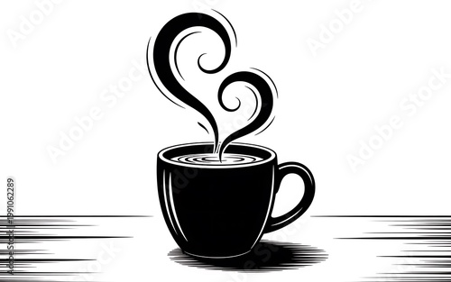 Coffee cup sits on a wooden surface with steam rising in a heart pattern.