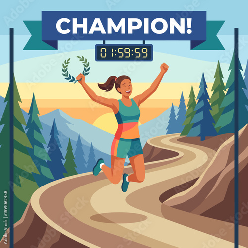 An ecstatic runner celebrates crossing the finish line with arms raised in triumph, embodying determination and success with a stunning mountain backdrop at sunset.