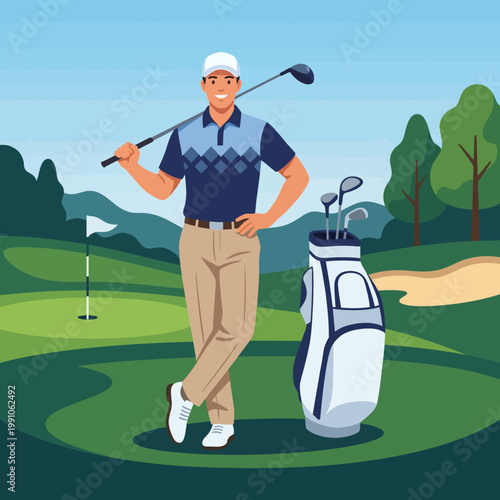 A confident golfer poses with his club on a lush green golf course, showcasing joy and athleticism, surrounded by nature as he enjoys a beautiful day of golfing.