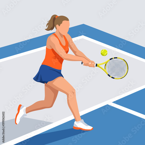 An athletic female tennis player strikes the ball during a match, embodying the energy and competitive spirit of sports in a vibrant and well-kept tennis court setting.
