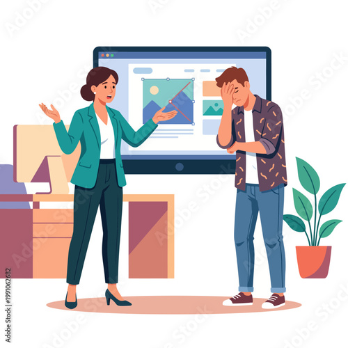 In a contemporary office, a male employee looks stressed and frustrated as a female colleague gestures in discussion, showcasing workplace dynamics and professional challenges.