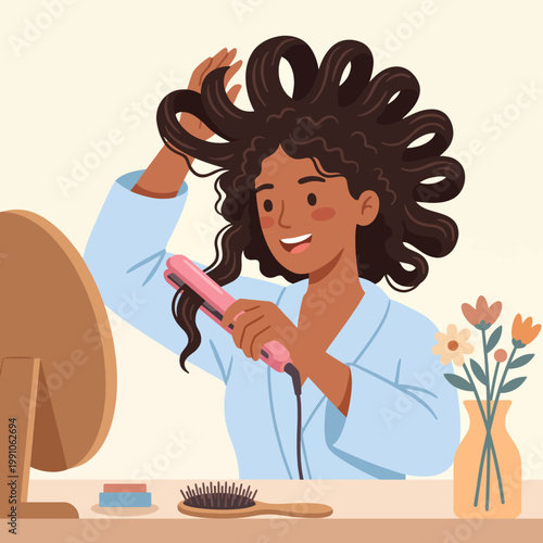 A woman happily styling her hair with a straightener, showcasing a joyful moment of personal grooming and self-love in a bright, inviting space filled with flowers.