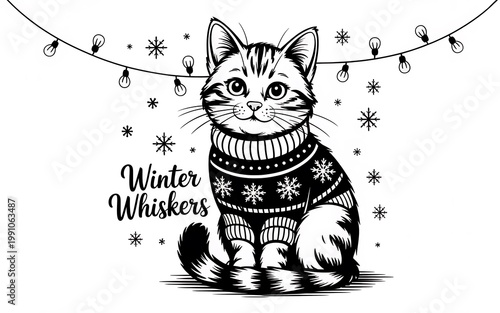 Cat wearing a cozy knitted sweater sits under glowing string winter lights.