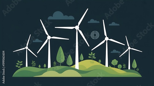 Windmills stand on green hills to generate clean renewable energy sources.