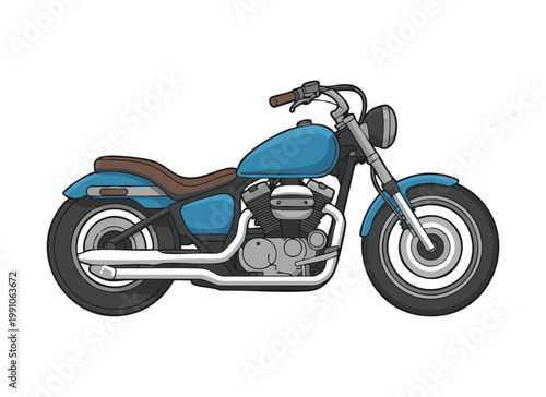 Blue classic cruiser motorcycle side view illustration with detailed engine and leather brown seat.