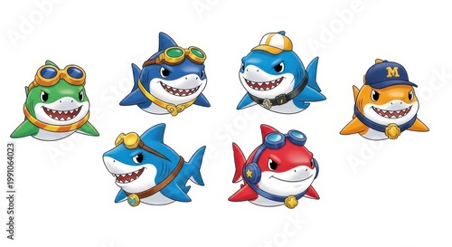 Cute cartoon shark characters with goggles and hats