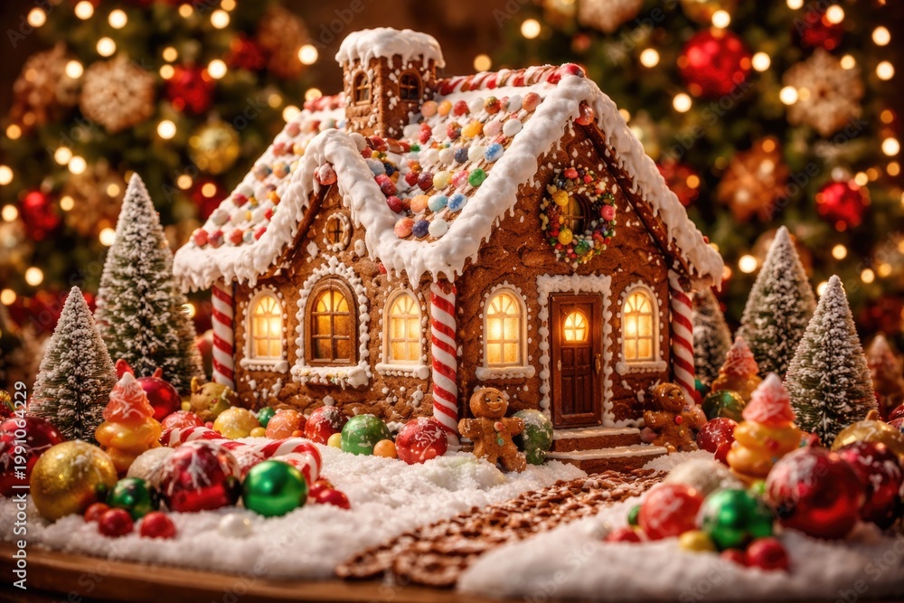 Fototapeta premium Gingerbread house celebrating Christmas with bright ornaments and seasonal embellishments