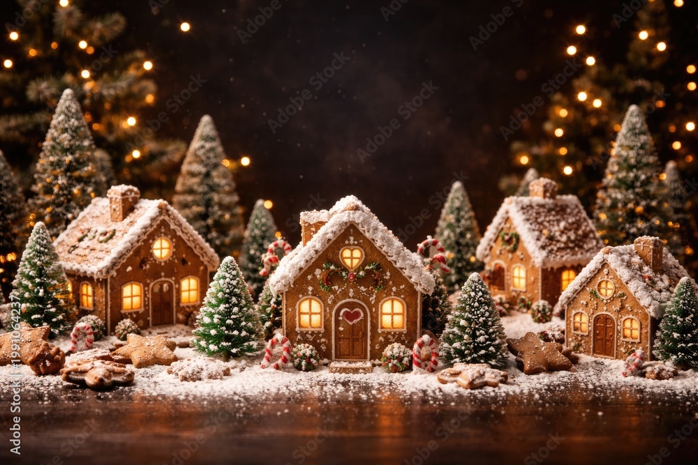 Fototapeta premium Christmas cookie village layout featuring decorated gingerbread houses on dark festive backdrop with copy space