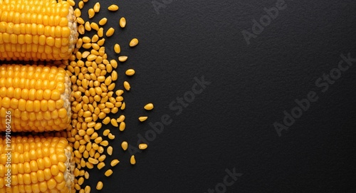Top view of ripe corn kernels and grain spread on a black background with copy space