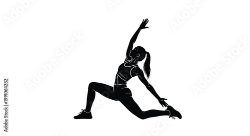 Woman in a dynamic yoga pose stretching her body with one arm raised high