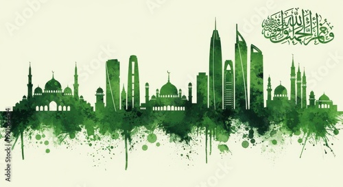 Islamic cityscape silhouette with Arabic calligraphy