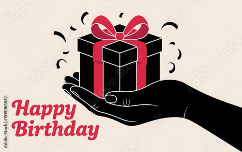 Hands hold a black birthday gift box with red ribbon for a special event.