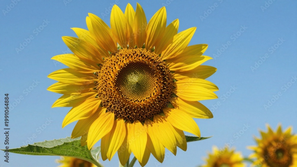 Fototapeta premium Sunflower head facing camera with clear blue sky background