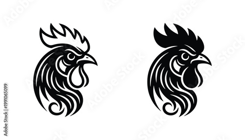 Rooster head icon set featuring a stylized profile of a cockerel as a professional vector graphic for farming and food industry branding