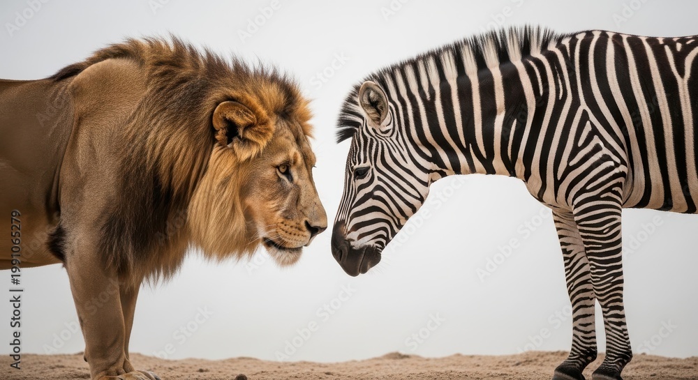 Fototapeta premium Lion and Zebra Face Off in African Wildlife Close Up