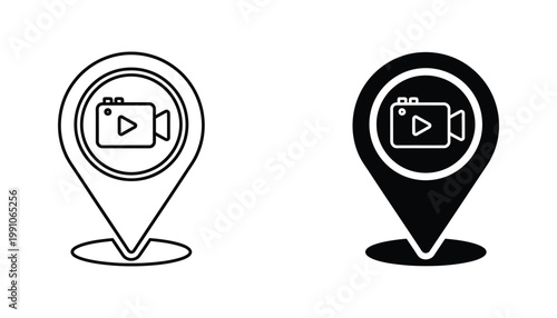 Video camera inside a map pin marker indicating recording location or video content geotagging