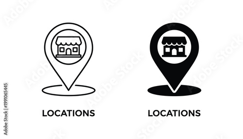 Store location pin icon set with line art and solid silhouette designs for map navigation and retail business interface elements
