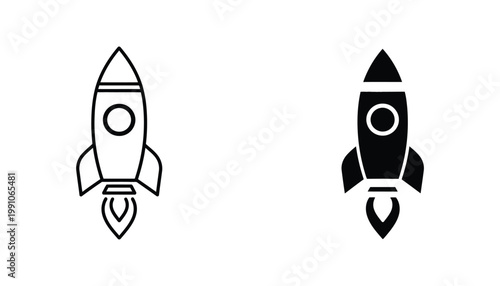 Rocket launch icon set with outline and solid black styles for startup business and project initialization UI design elements