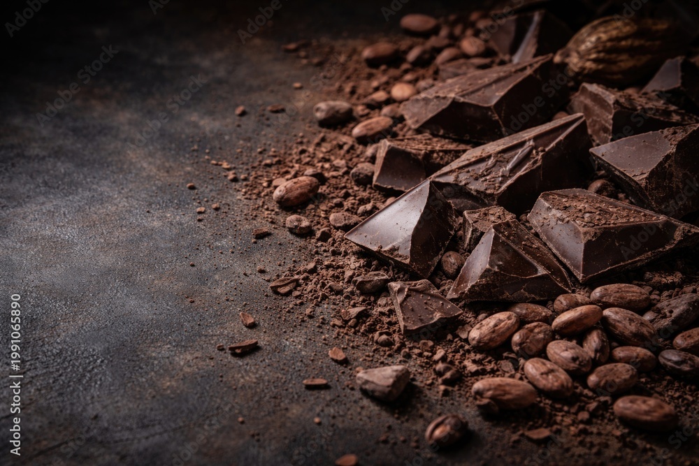 Fototapeta premium Dark chocolate shards mixed with cocoa beans on a culinary backdrop with copy space for design