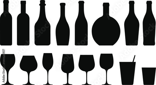 Black silhouette vector collection of wine bottles, alcohol glasses, and cocktail drink symbols for bar menu graphic design projects.