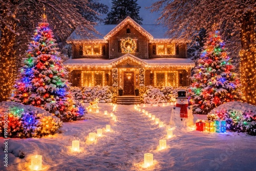 Cozy snowy front yard adorn...