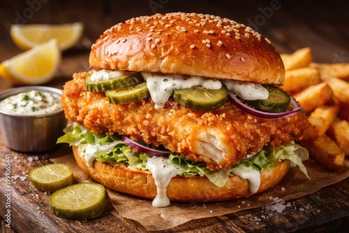 Appetizing fried fish burge...