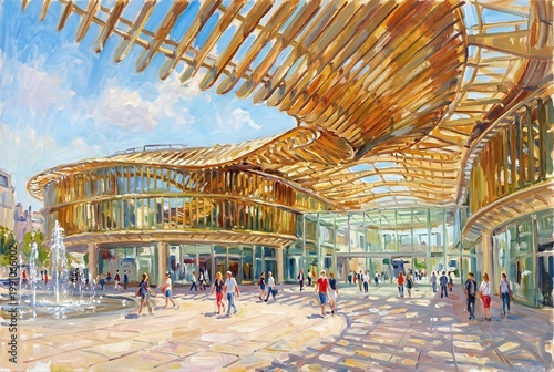 Modern Golden Canopy Building Public Plaza Impressionist Painting