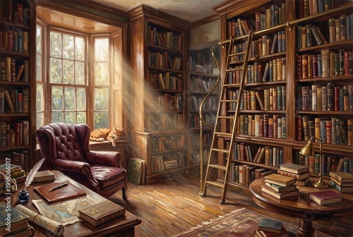 Old Fashioned Library Interior Sunlight Cat Armchair Bookshelves
