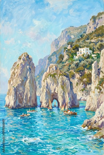 Faraglioni Sea Stacks Capri Italy Boats Turquoise Water Cliff House Painting