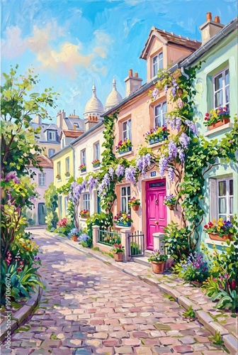 Charming Parisian Street with Wisteria and Sacre Coeur Domes