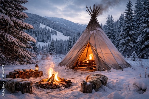 Cozy winter campsite with a...