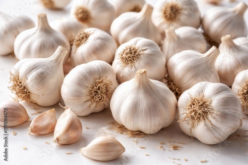 Close up of many garlic bulbs on a bright white background