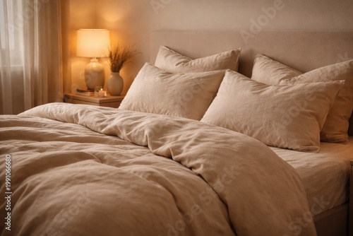 Inviting beige bedding feat...