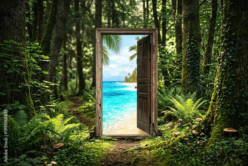 Open wooden door in lush forest revealing vibrant tropical beach paradise